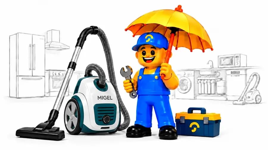 تعمیر جاروبرقی میگل در محل؛ جاروبرقی چرخدار با نشان MIGEL کنار تعمیرکار تعمیرآنلاین